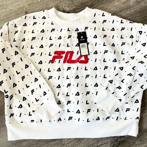 NWT womansFILA CREW NECK SWEATSHIRT all Over Print Crop White Pullover.